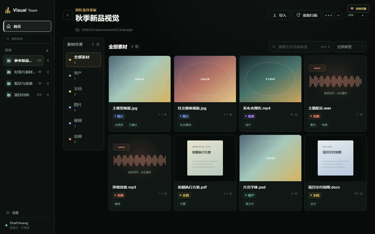 Visual Team 的素材分类看板与音频波形界面